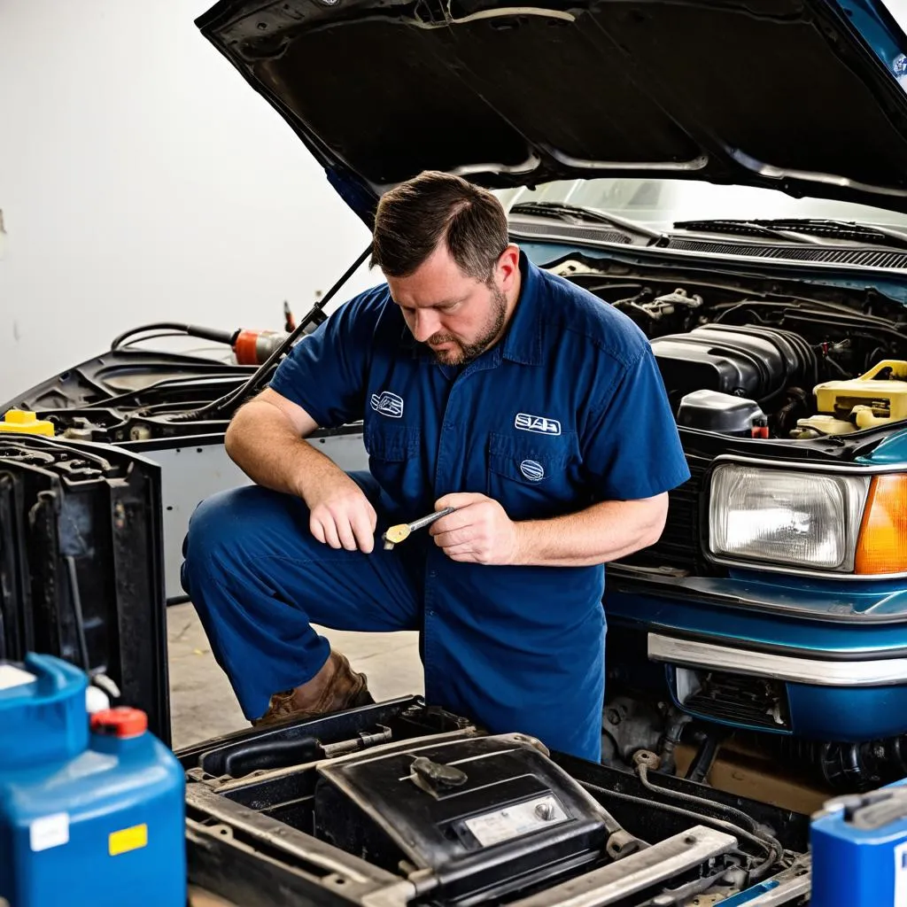 Mécanicien travaillant sur une Saab