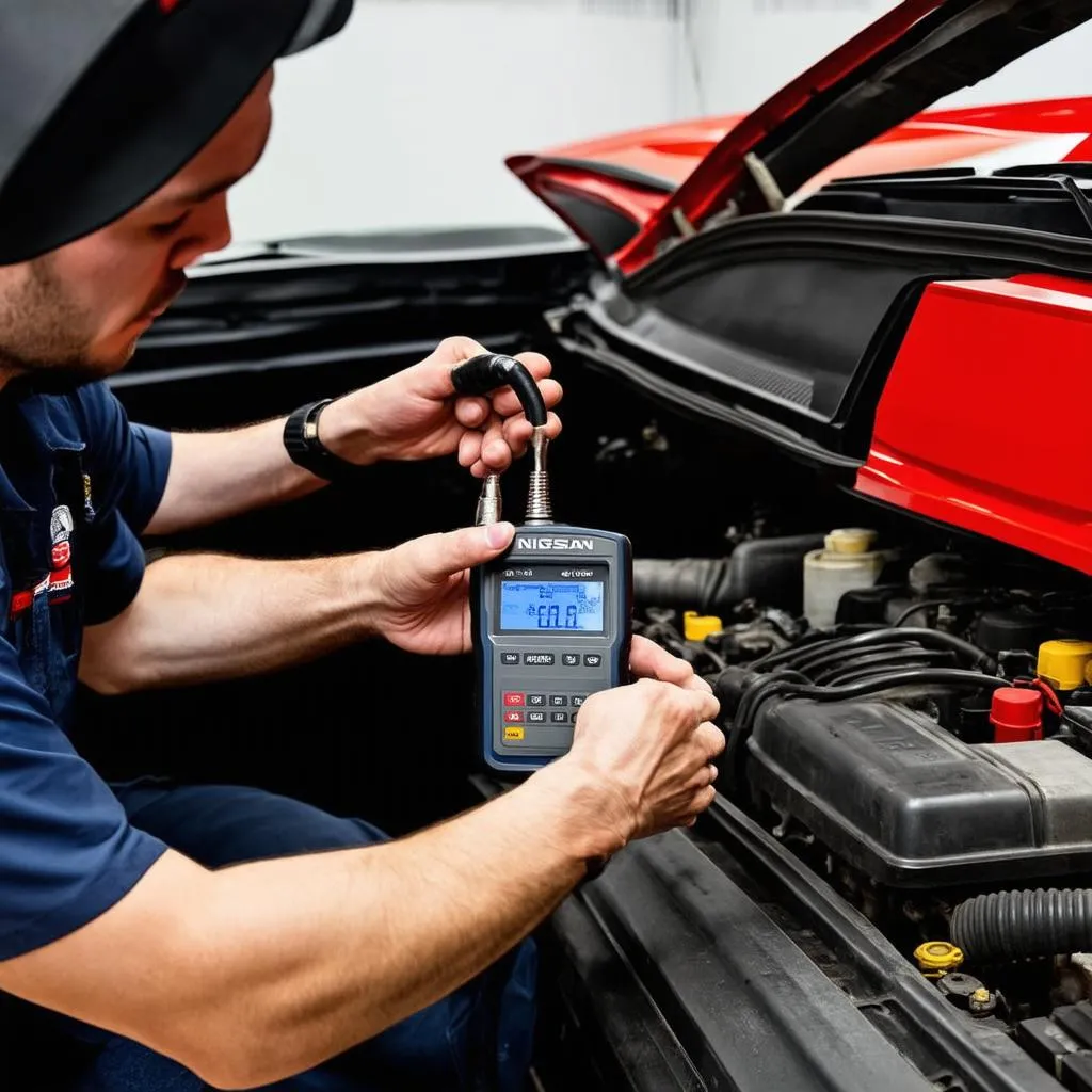 Mécanicien diagnostiquant une Nissan