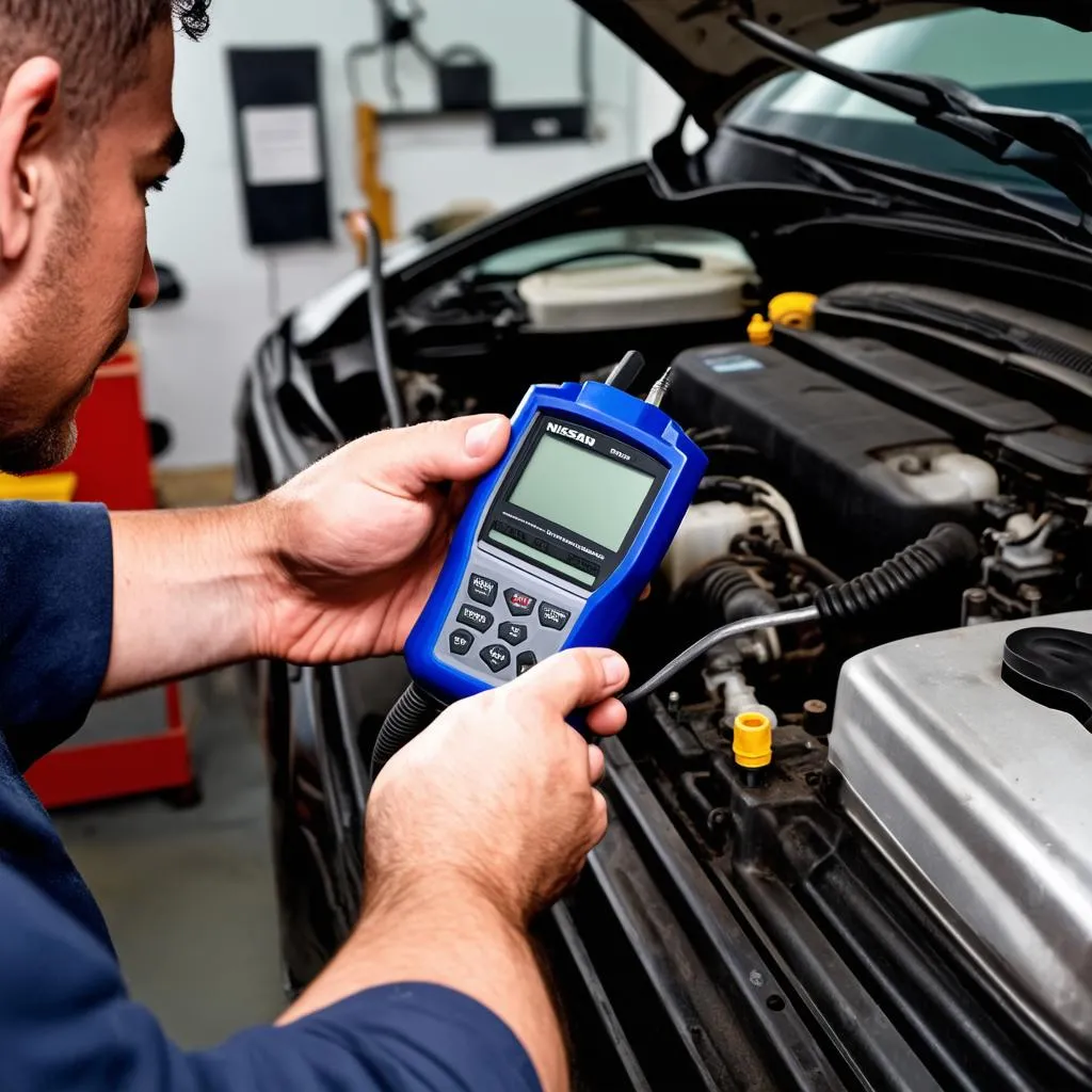 Nissan mechanic using diagnostic tool