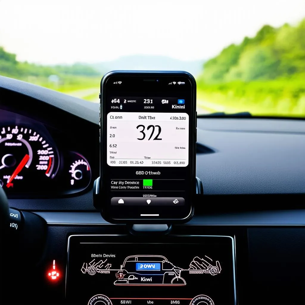 OBD Kiwi and smartphone displaying car diagnostics