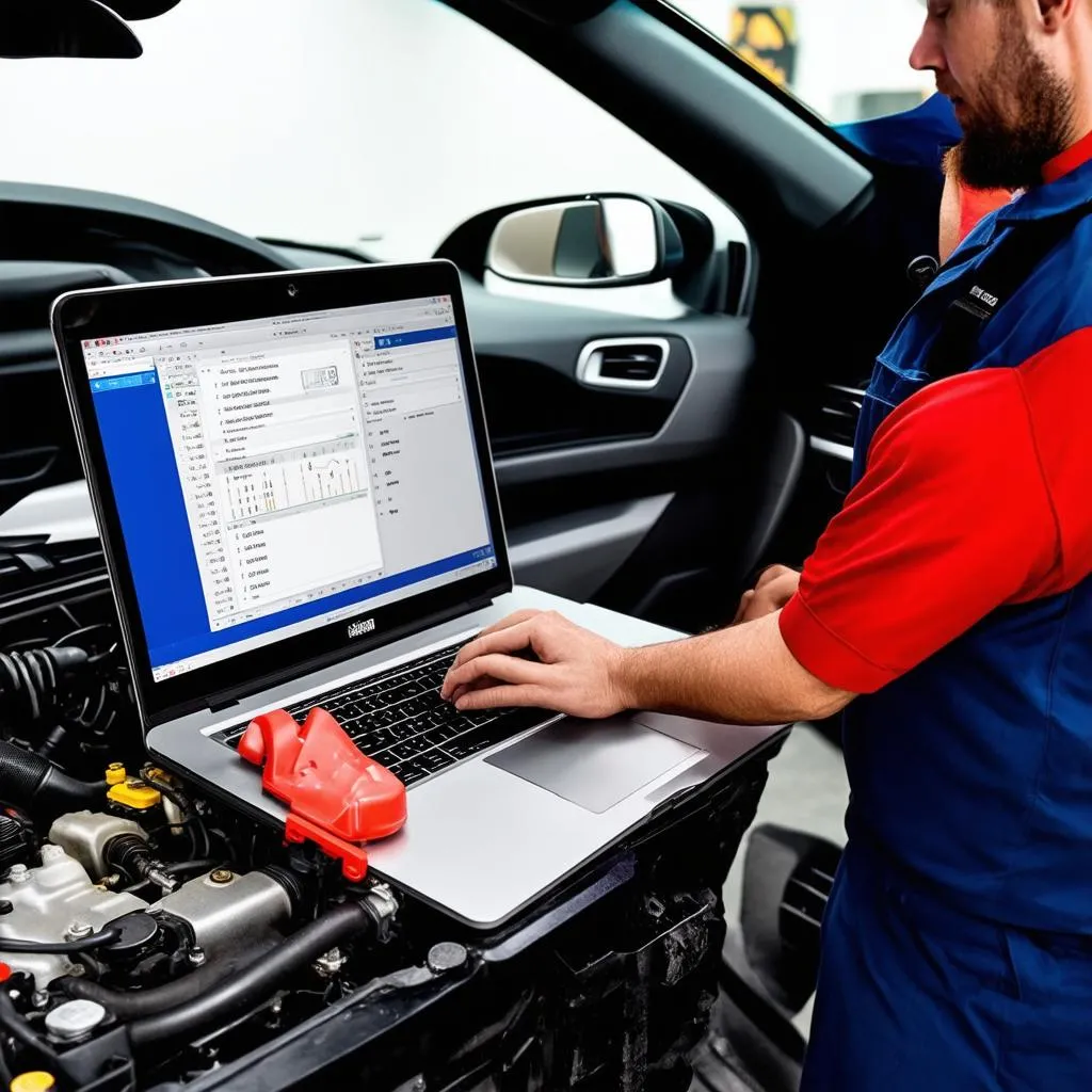 Mécanicien utilisant un ordinateur portable pour diagnostiquer une voiture