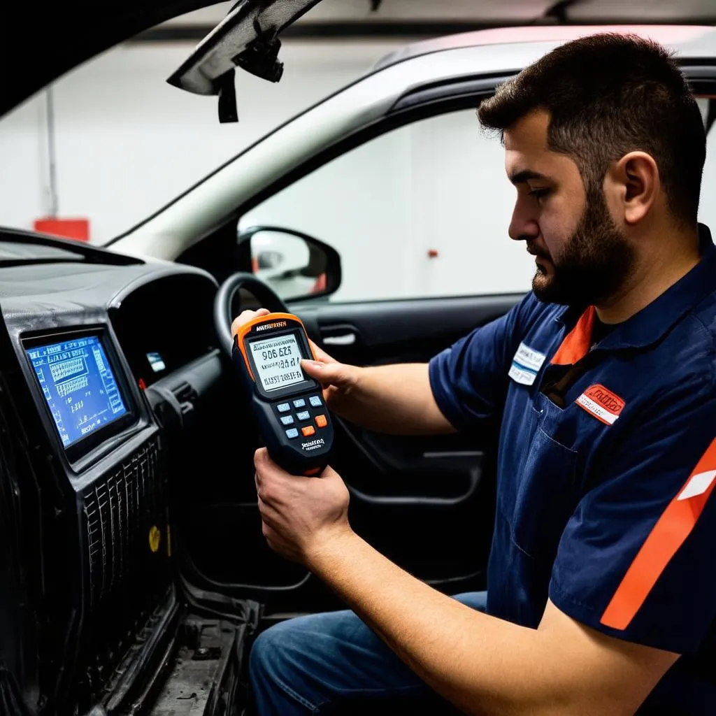 Mécanicien diagnostiquant une Nissan avec un scanner