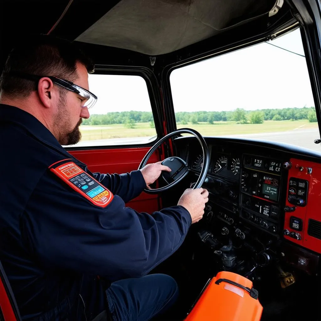 Un mécanicien inspectant le tableau de bord d'un Peterbilt 389