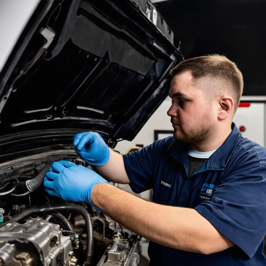 Expert en réparation automobile diagnostiquant le TCM