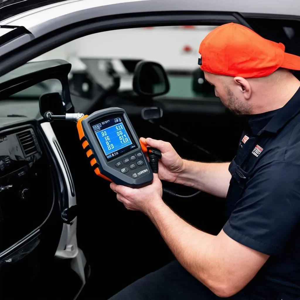 Un technicien automobile utilisant un scanner automobile moderne pour diagnostiquer un véhicule.