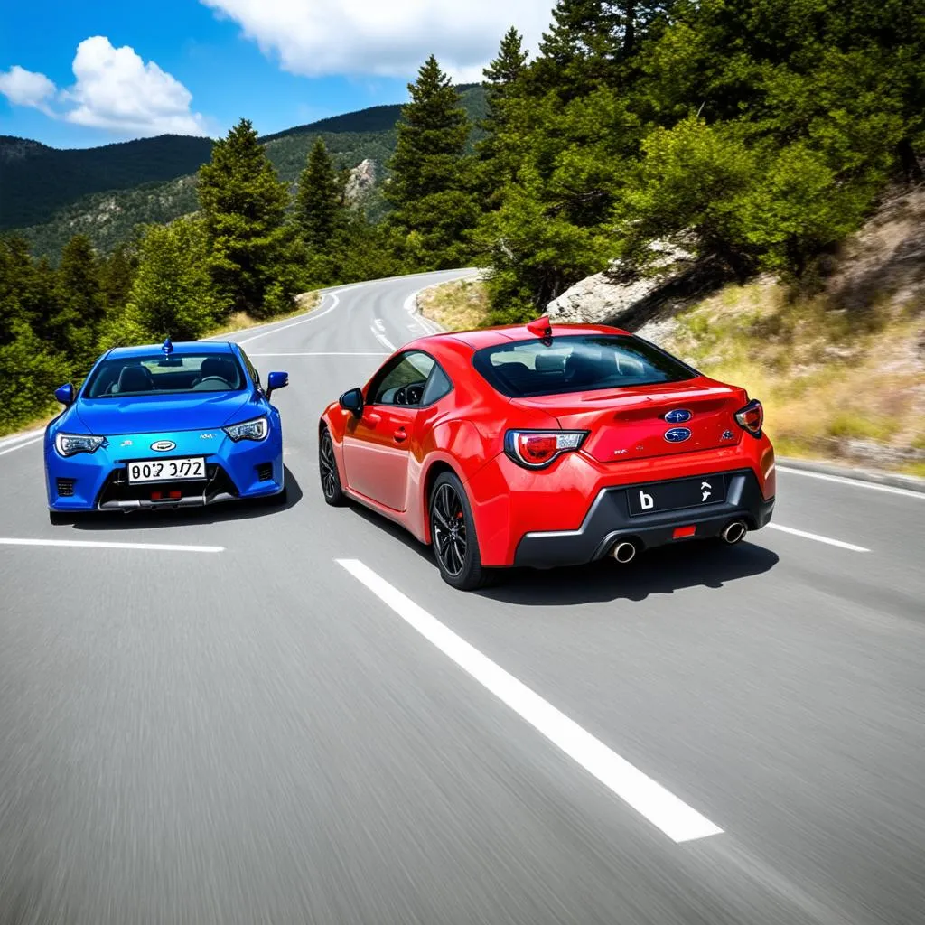 Subaru BRZ and Scion FRZ on winding mountain road