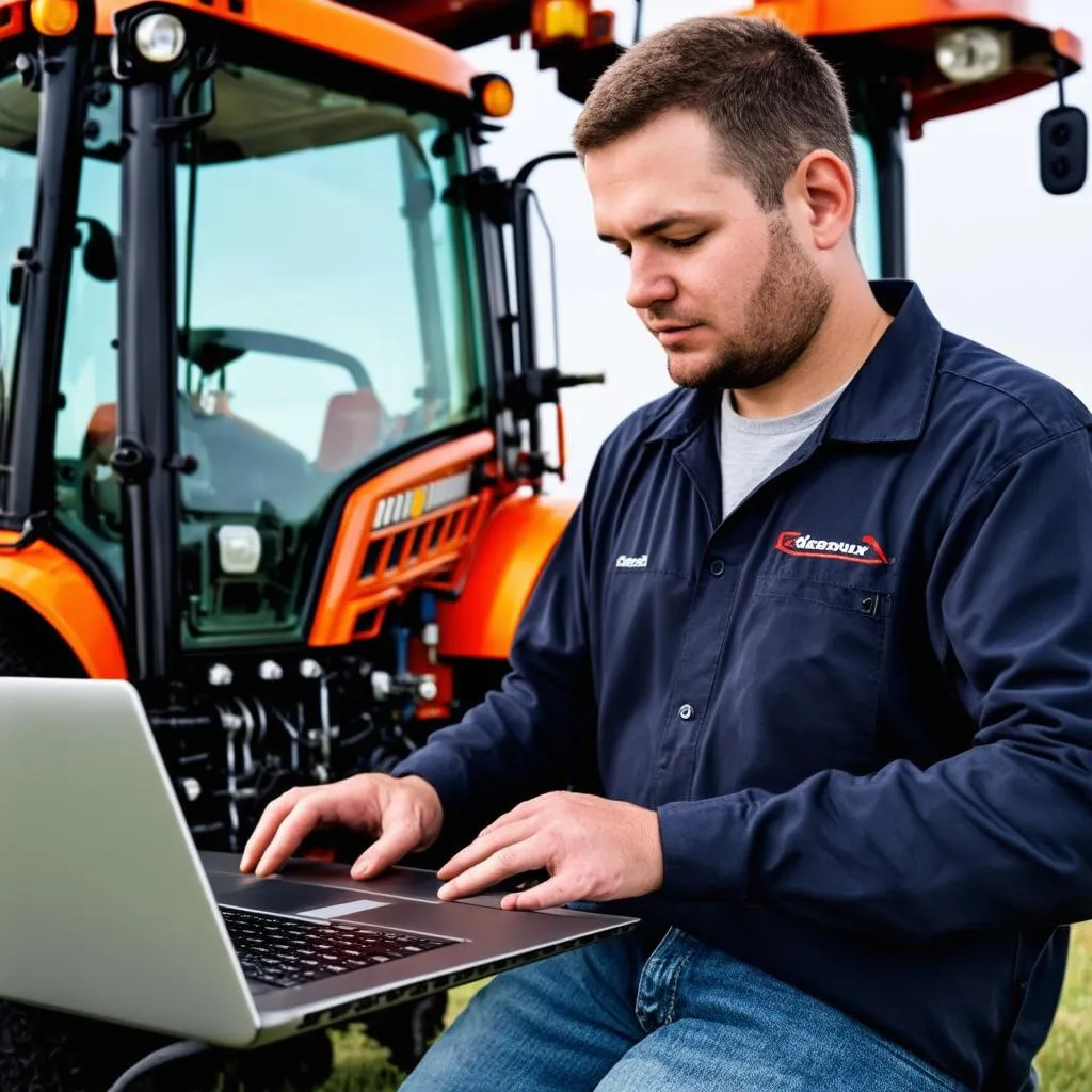 Un technicien utilisant un ordinateur portable pour diagnostiquer un problème sur un tracteur