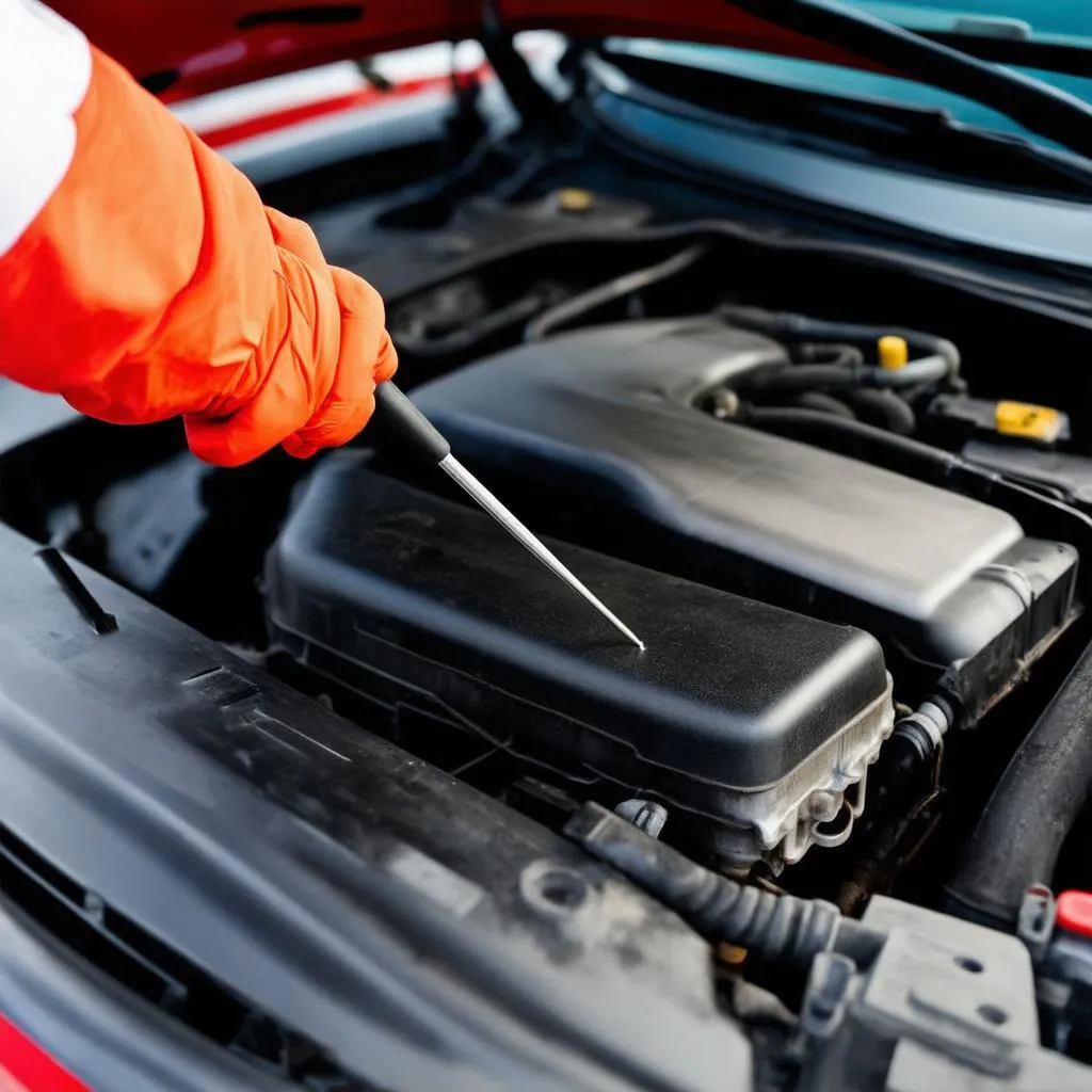 A mechanic checking the transmission fluid level in a car