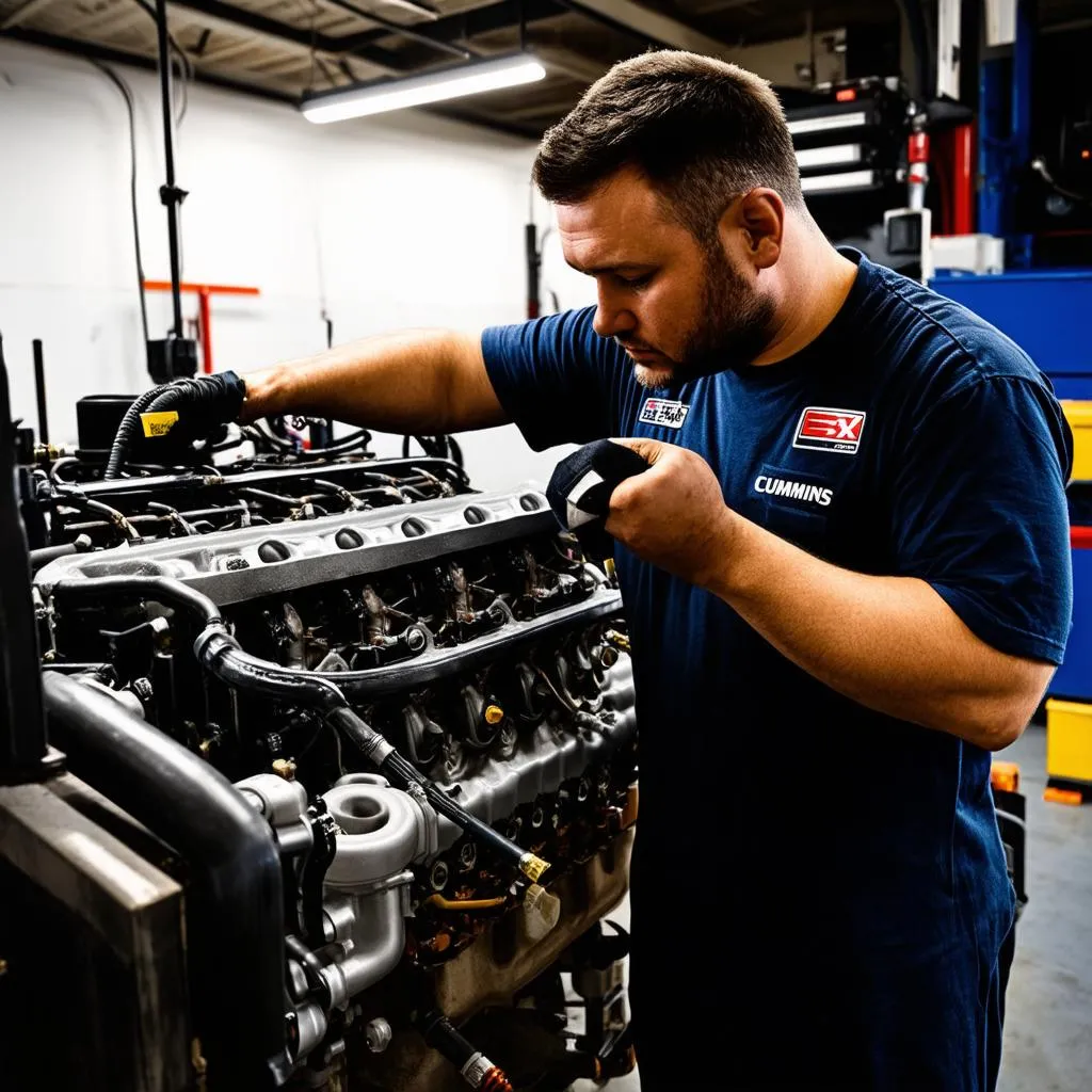 Mécanicien travaillant sur un moteur Cummins ISX