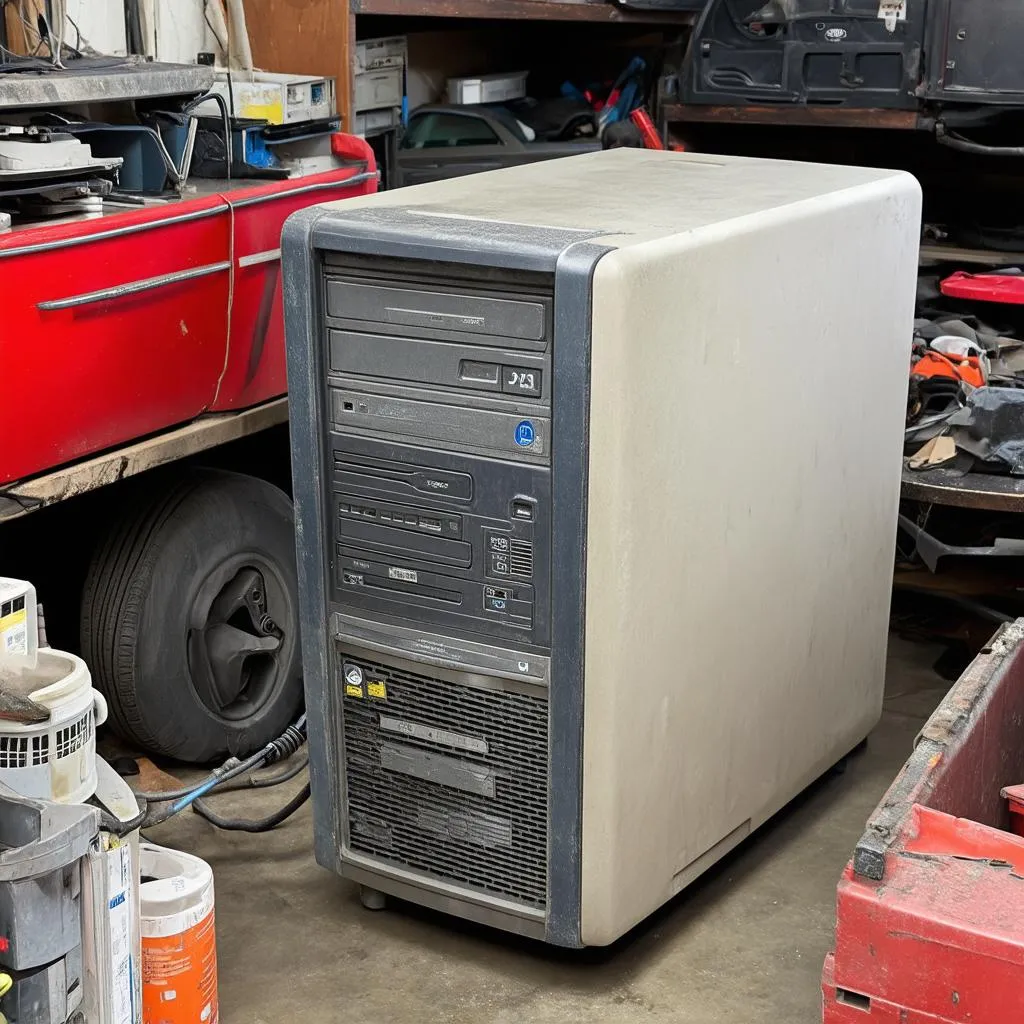 Un vieux PC poussiéreux dans un garage automobile.