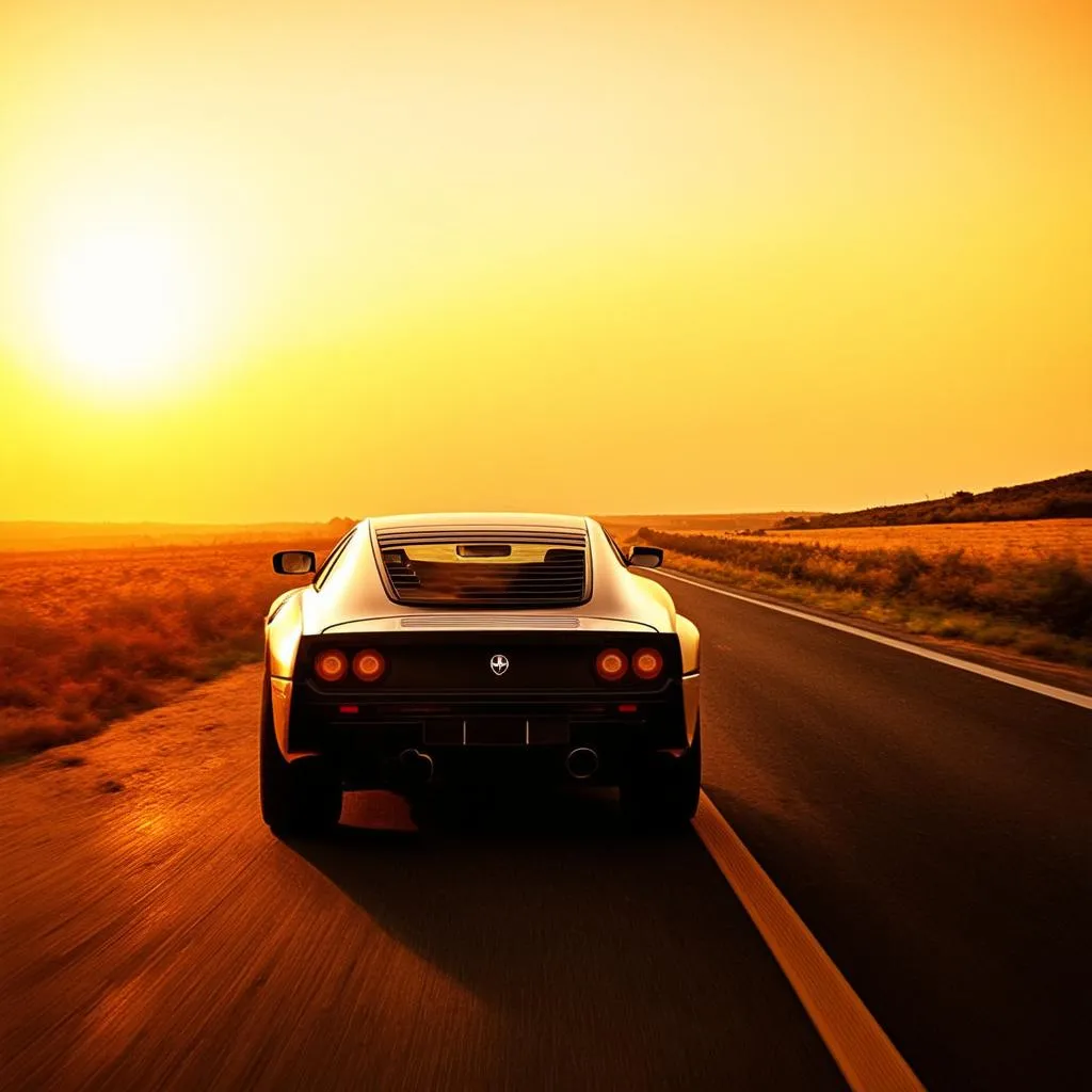 Voiture sur la route au soleil couchant