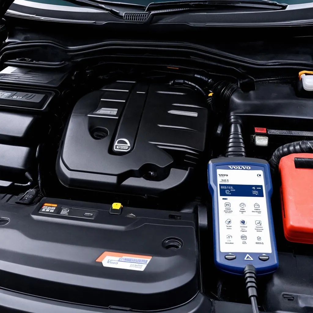 Volvo engine with diagnostic tool connected