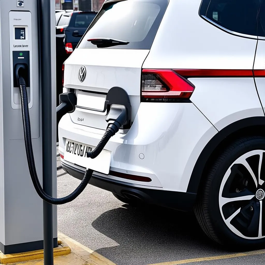 White Volkswagen ID.4 charging at a public charging station.