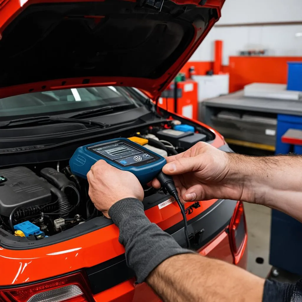 Mechanic plugging in a diagnostic tool to a Volkswagen car