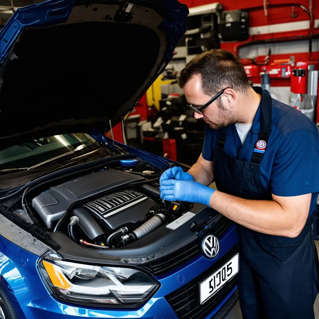 VW Mechanic working on engine