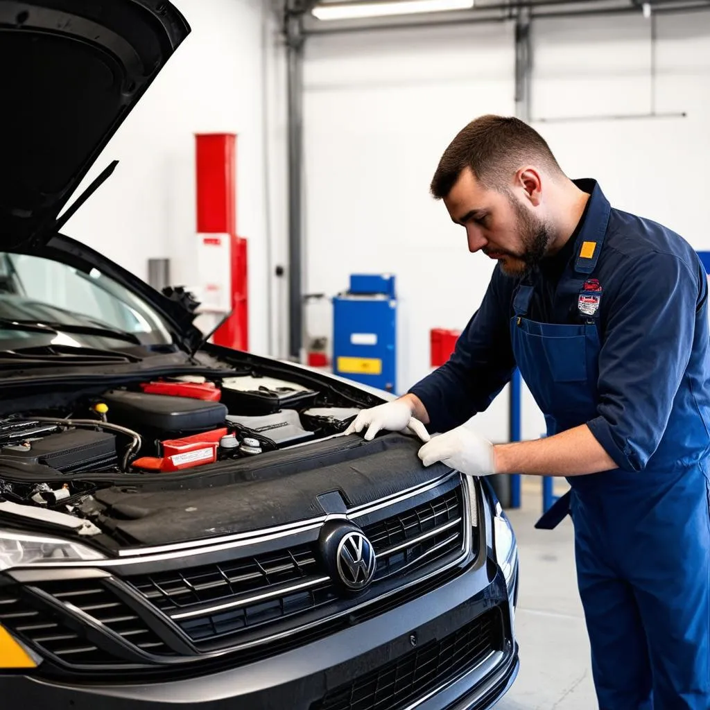 Un mécanicien travaillant sur une VW Passat