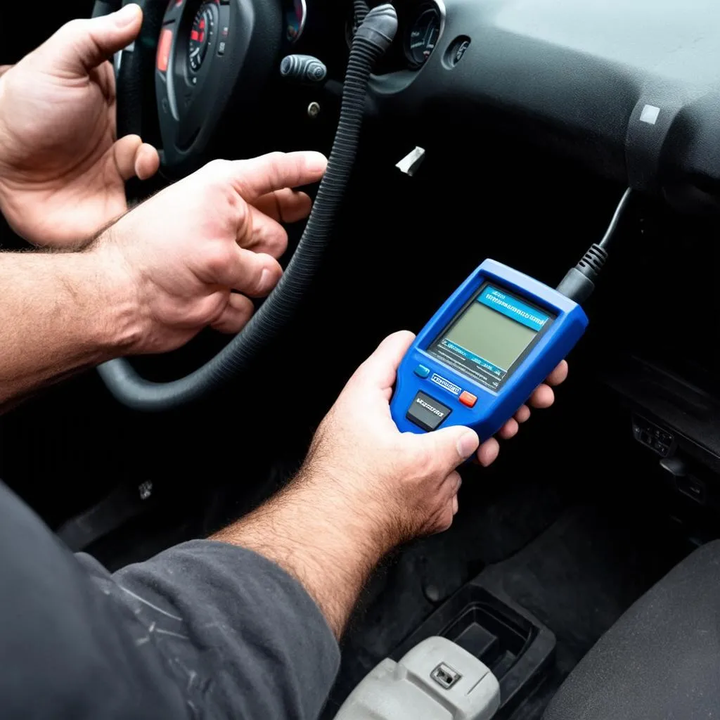 Mechanic using an OBD scanner on a 2006 Honda Civic