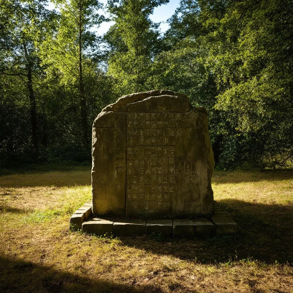 Un vieil autel en pierre, recouvert de runes, dans une clairière paisible. La lumière du soleil filtre à travers les arbres.