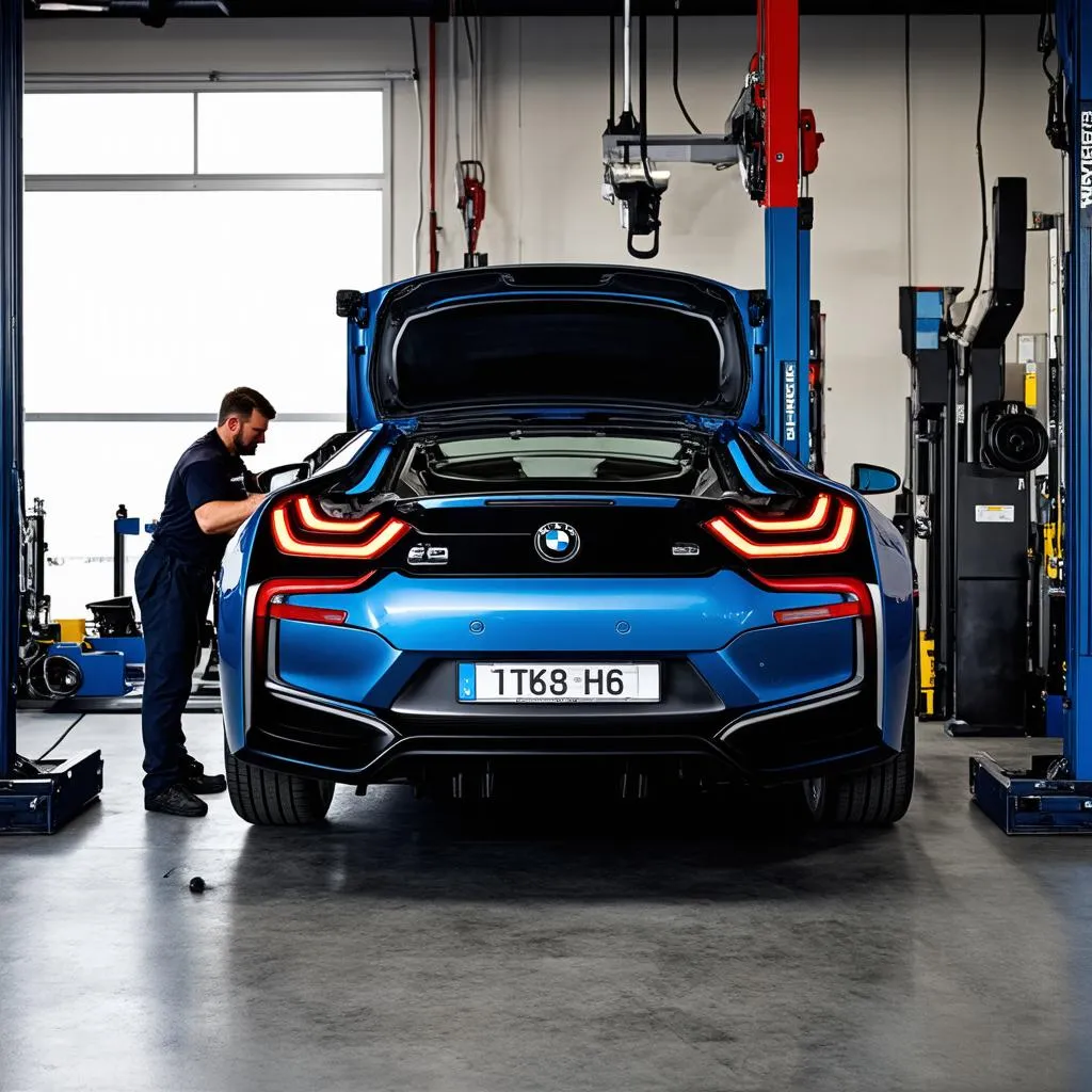 BMW i8 on a Lift in a Repair Shop