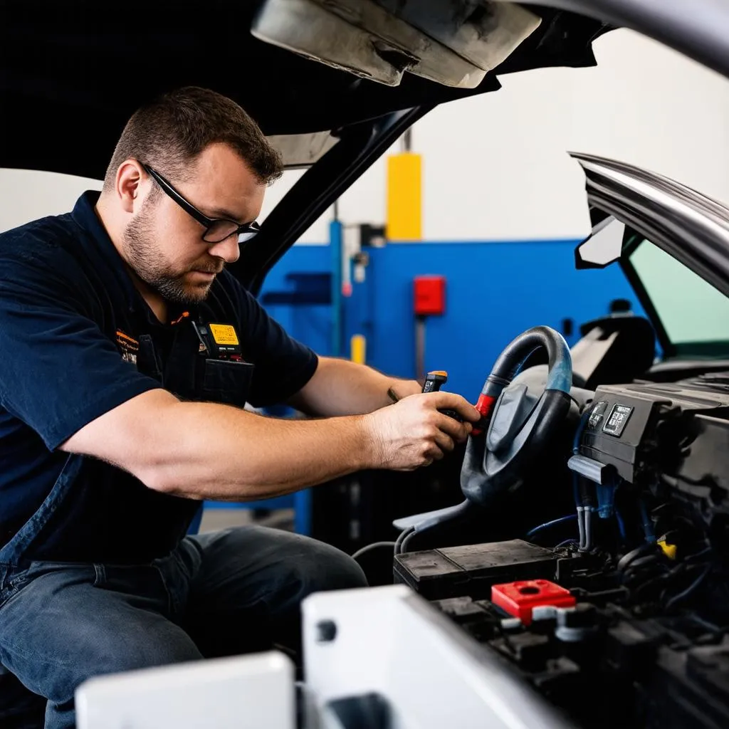 Mécanicien utilisant un outil de diagnostic automobile