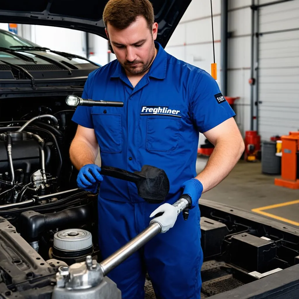 Mechanic inspecting the engine of a Freightliner Truck 2017