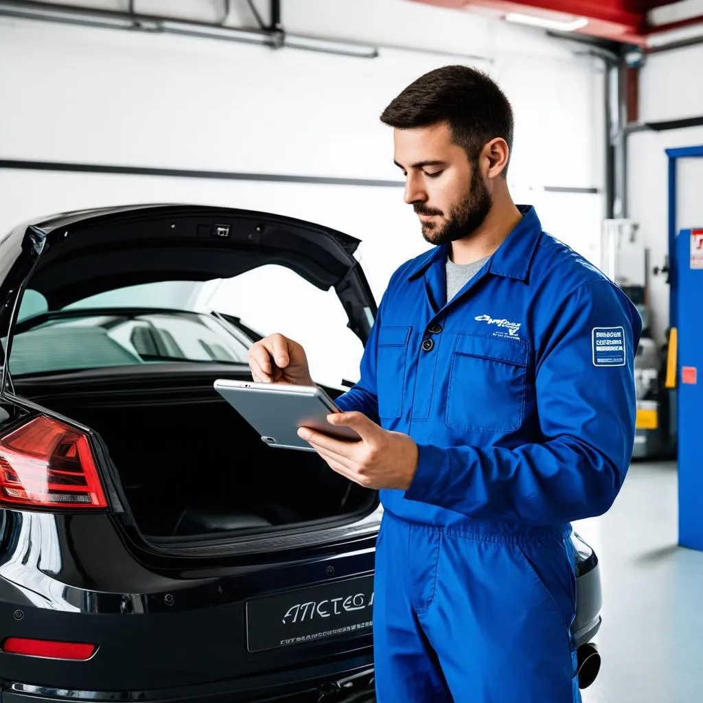 Un mécanicien en combinaison bleue utilisant une tablette numérique pour diagnostiquer une voiture moderne dans un garage bien éclairé.