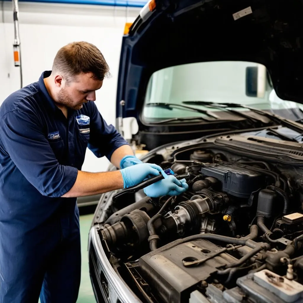 Mécanicien inspectant le moteur d'un camion