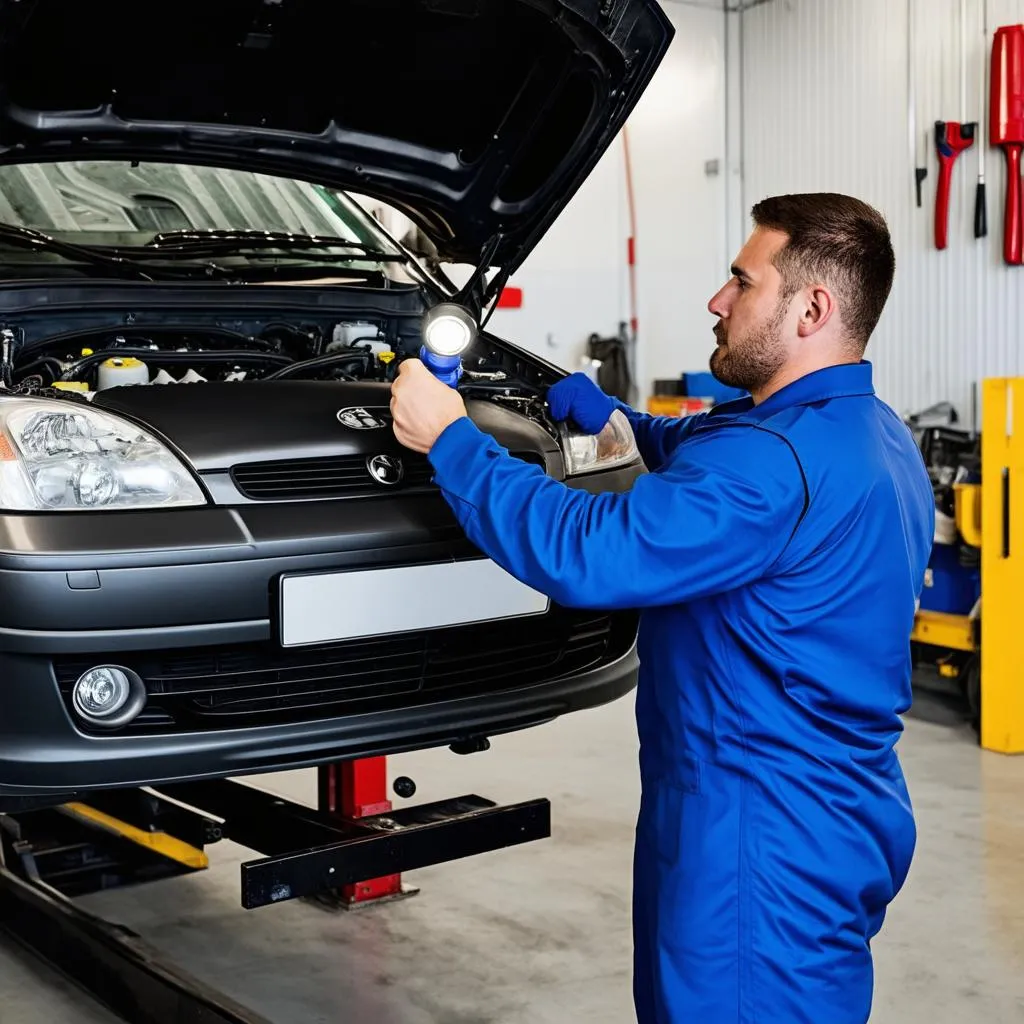 Mécanicien inspectant une voiture d'occasion