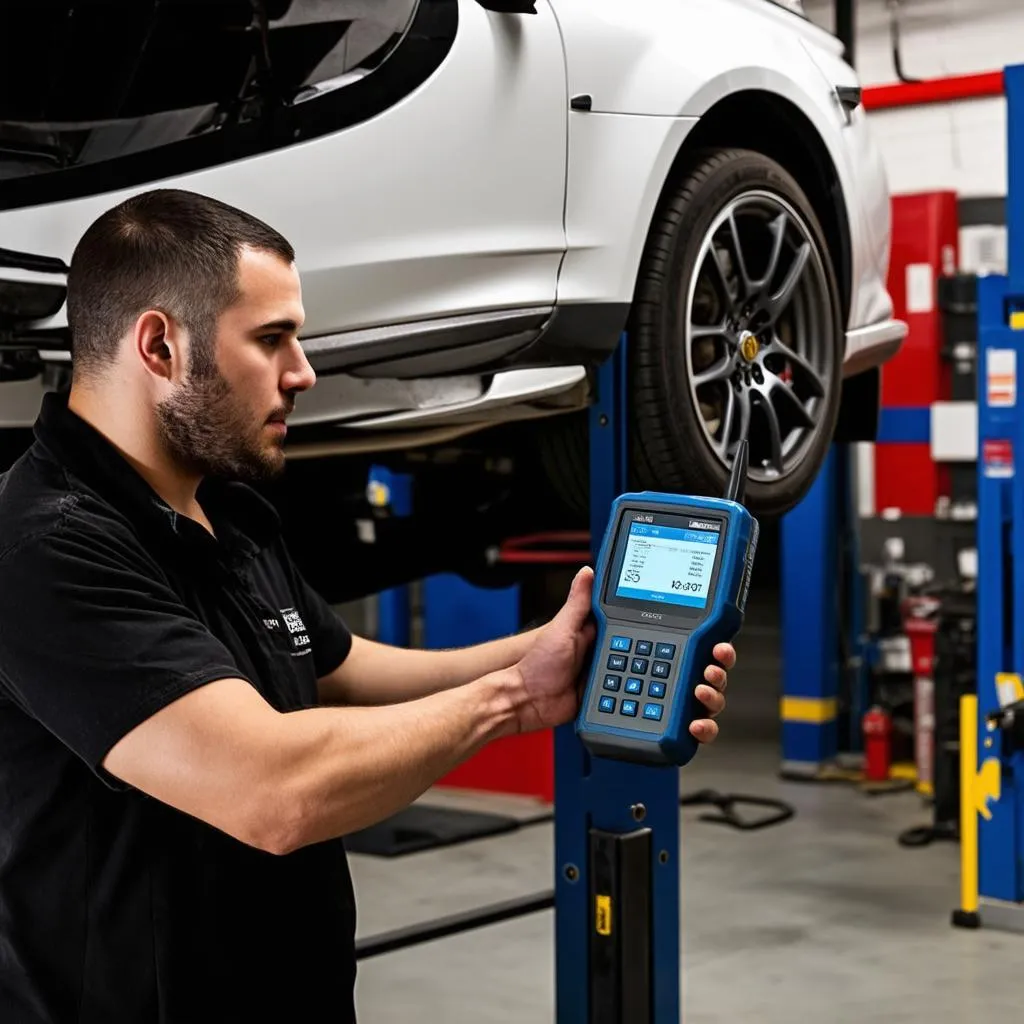 Mécanicien utilisant un scanner OBD dans un garage