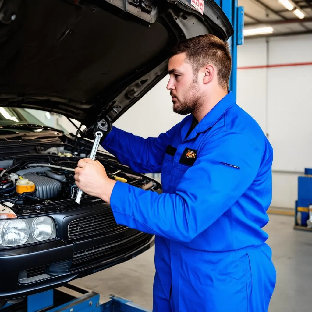 Mechanic working on a car in a repair shop