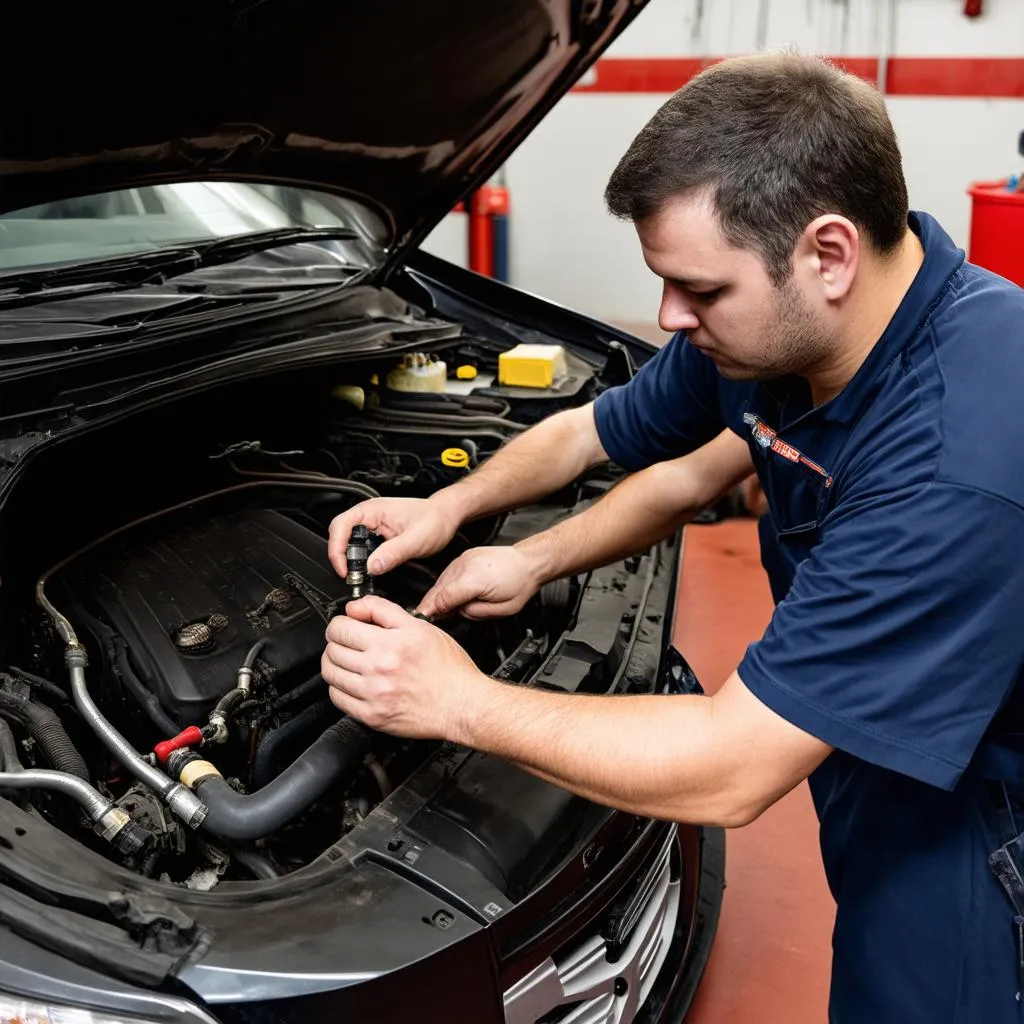 Mechanic working on a car's oxygen sensor