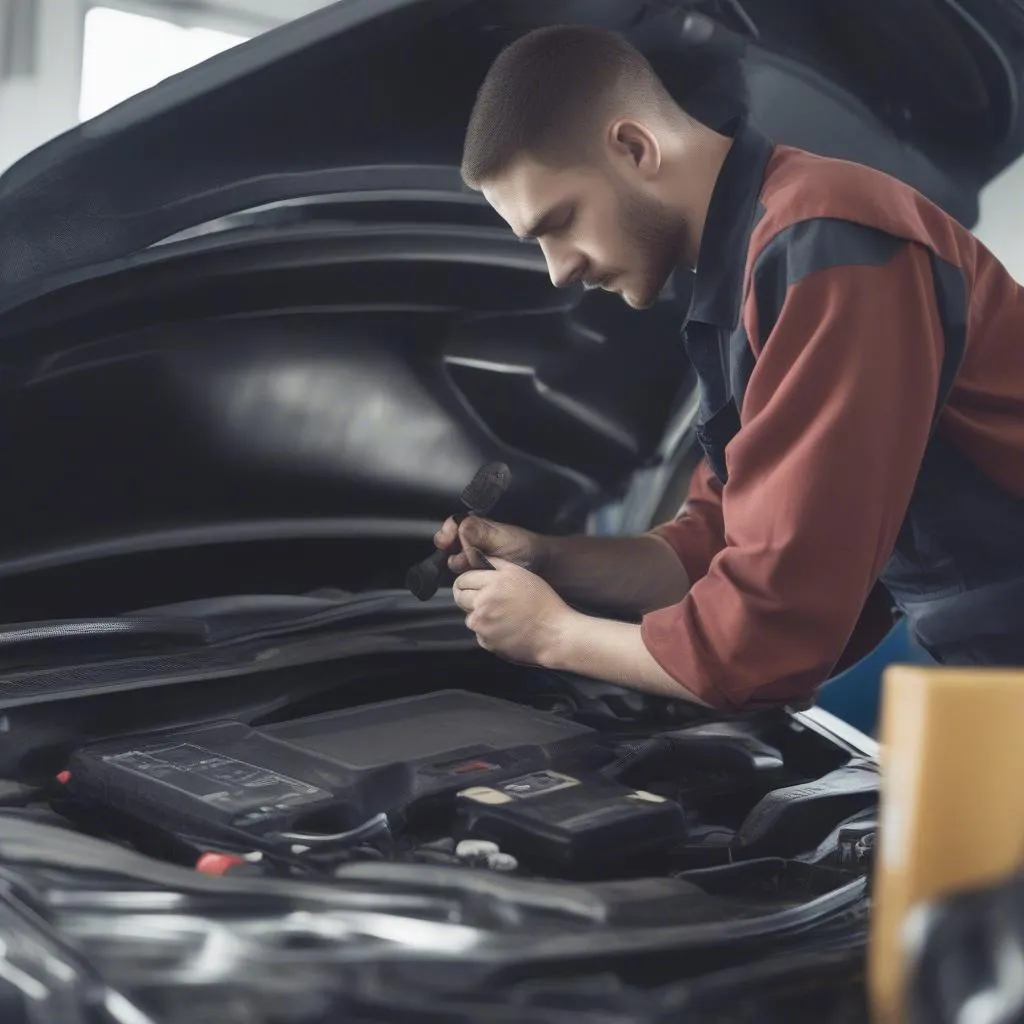 Mécanicien travaillant sur le diagnostic d'une voiture