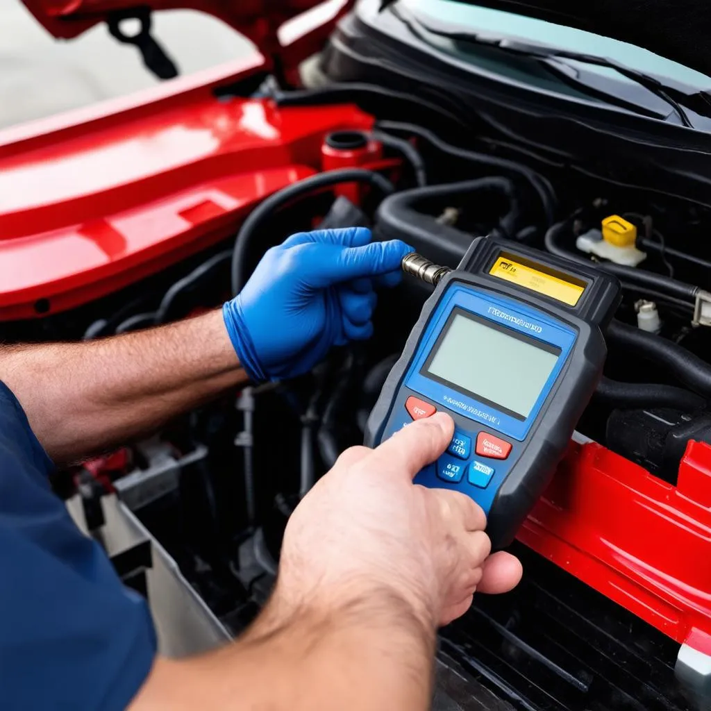 Mécanicien connectant un outil de diagnostic au port OBD