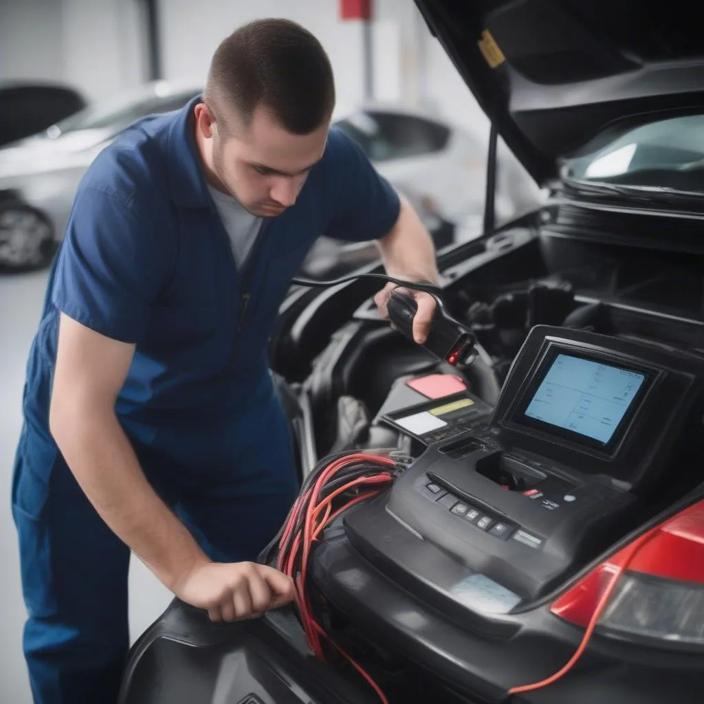 Mécanicien utilisant un scanner OBD sur une Ford Focus