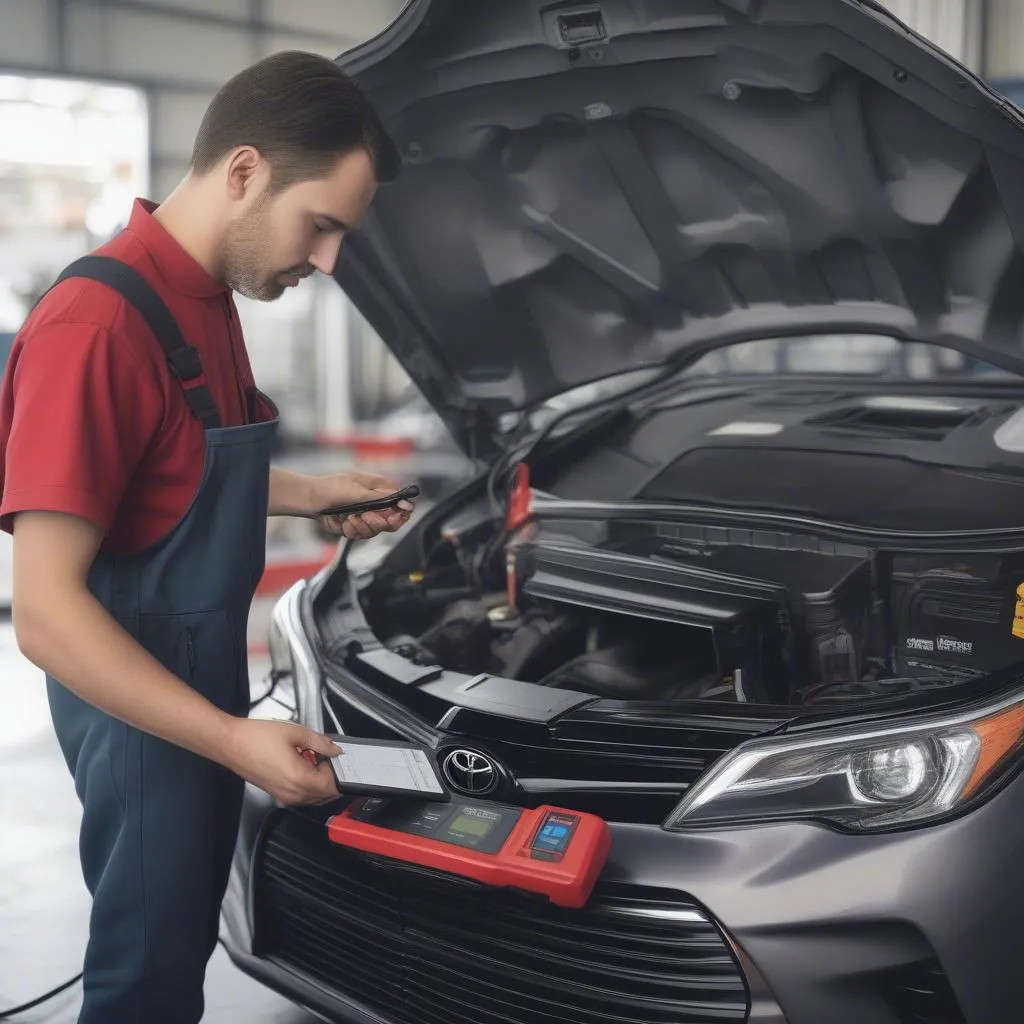 Mechanic using OBD Scanner on Toyota Camry