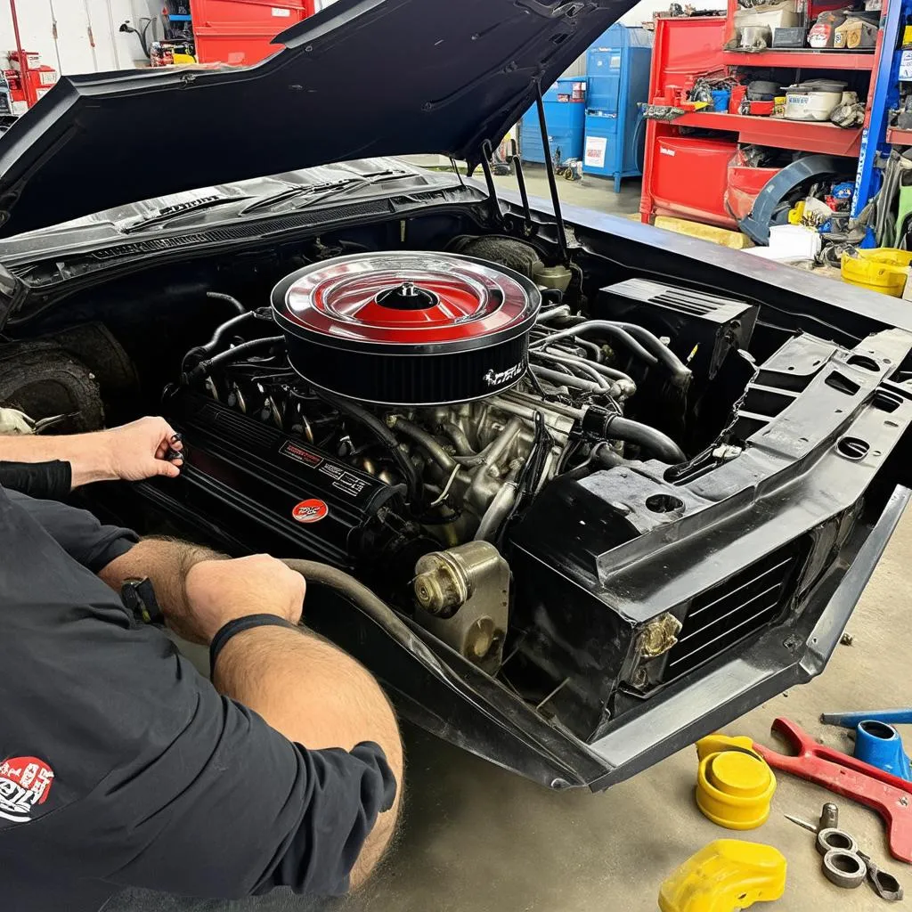 Mechanic working on a Camaro engine