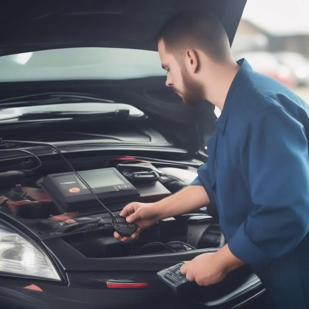 Mécanicien travaillant sur le diagnostic d'une voiture