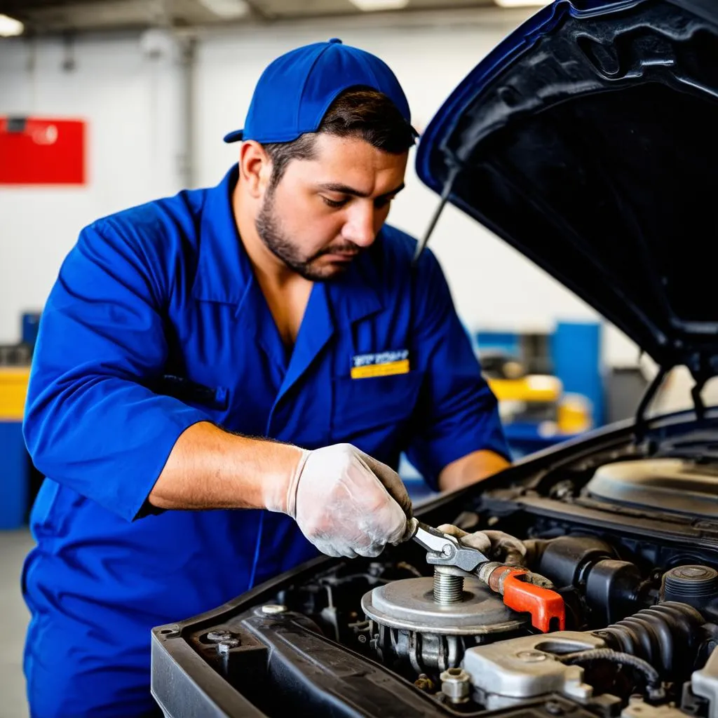 Mécanicien travaillant sur un moteur de voiture