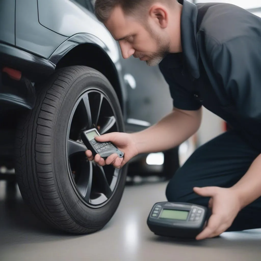 Mécanicien effectuant un diagnostic d'un capteur TPMS