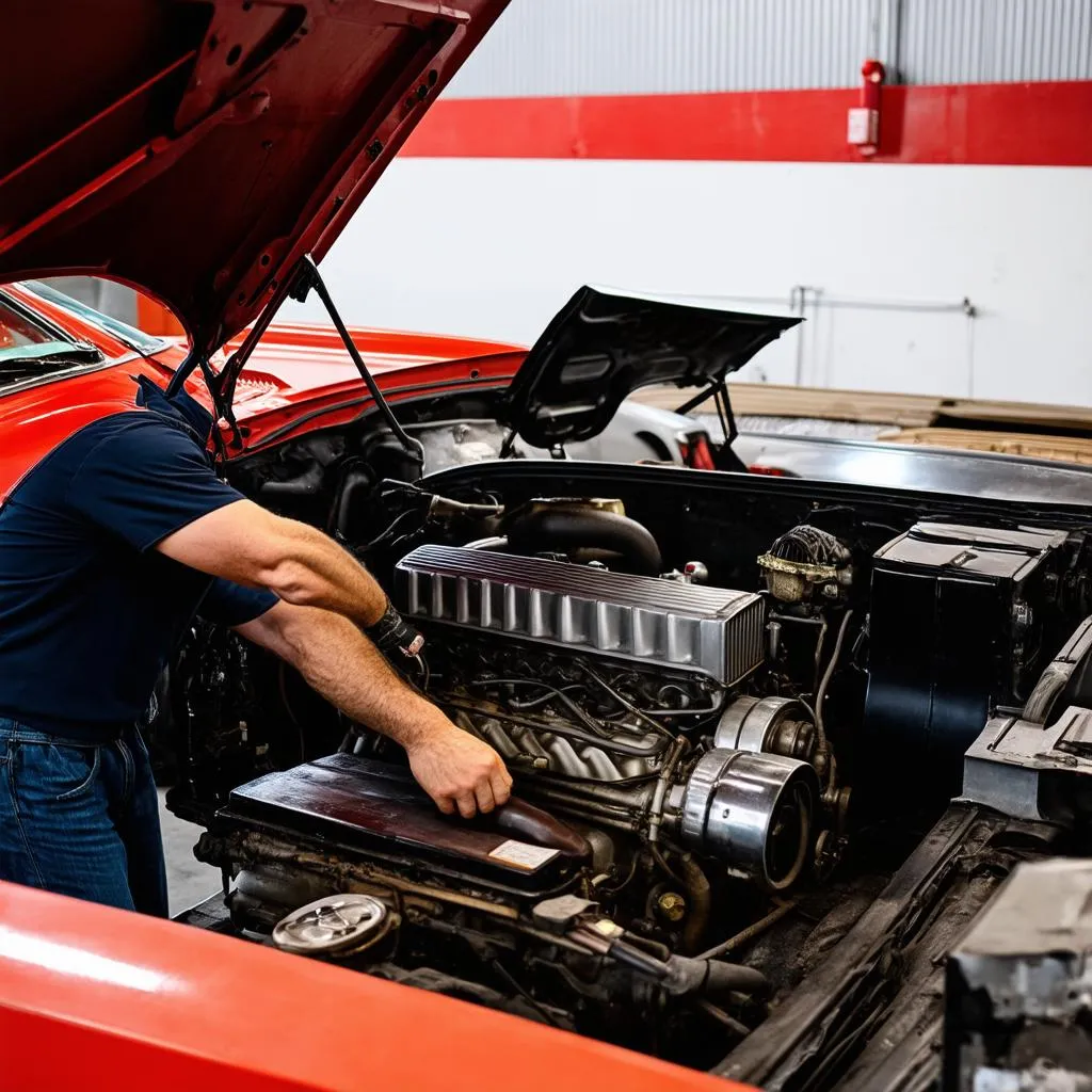 Un mécanicien travaillant sur le moteur d'une voiture ancienne.