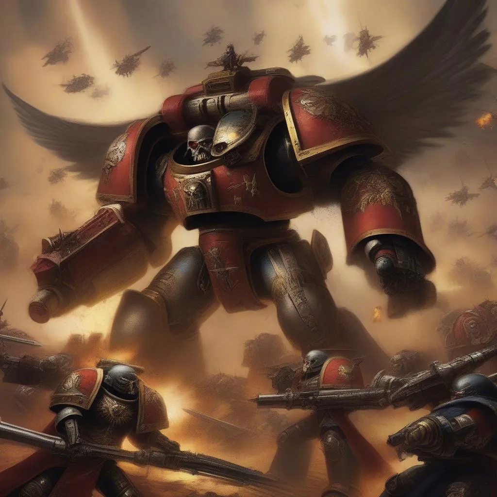 Une scène de bataille épique dans l'univers de Warhammer 40,000