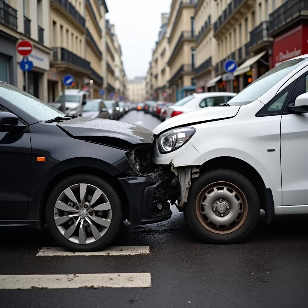 Accident de voiture impliquant une voiture noire et une voiture blanche à Paris