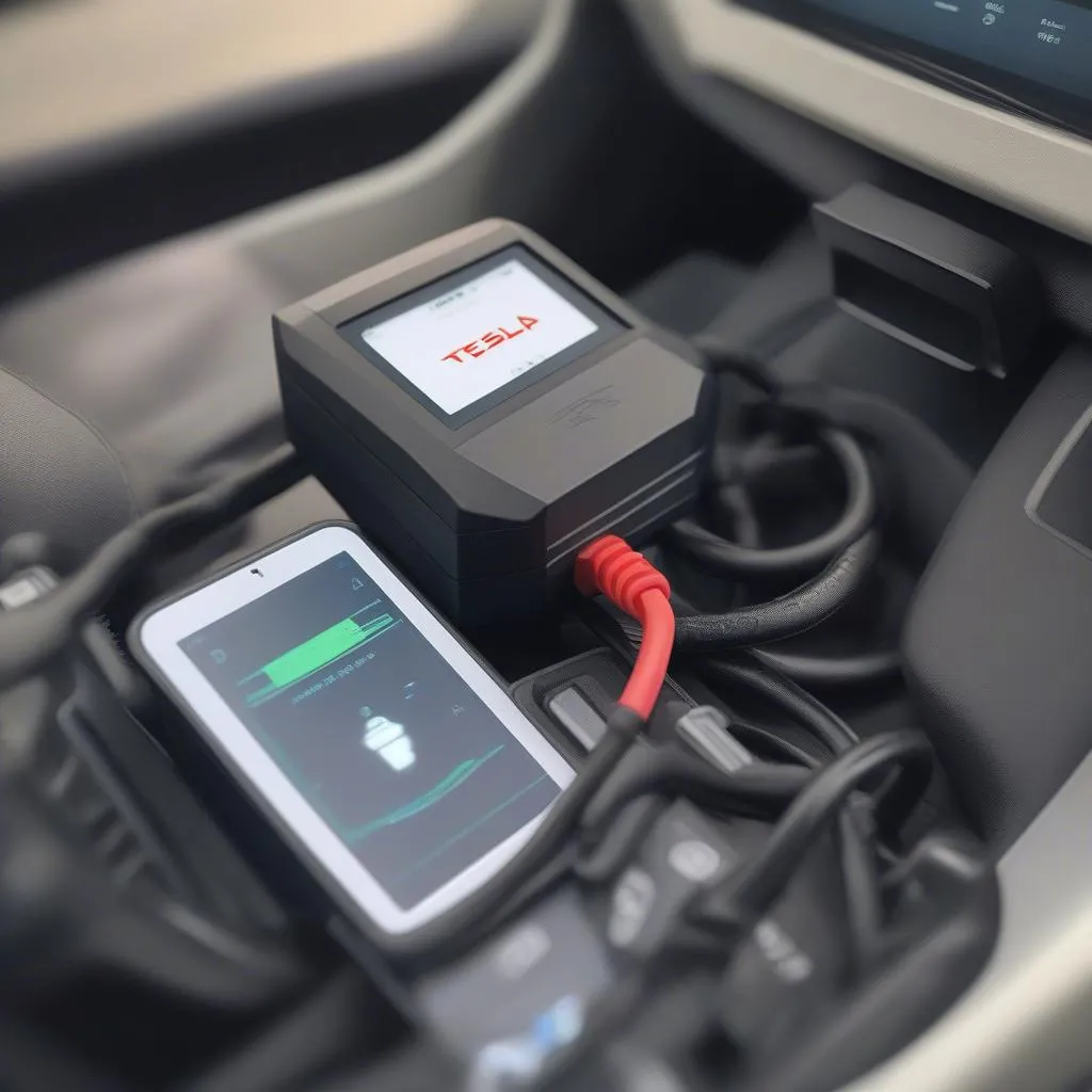 Adaptateur OBD connecté à la prise OBD-II d'une Tesla