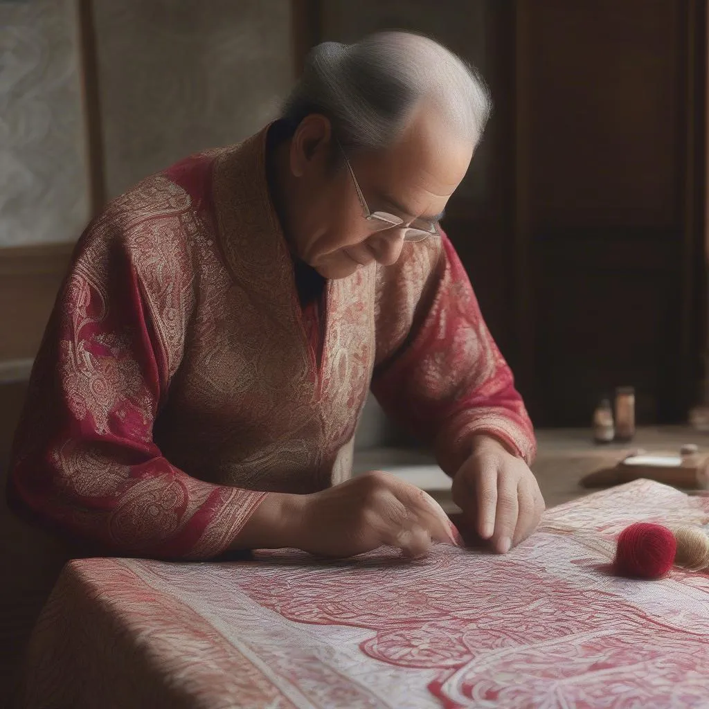 Artisan crée une nappe d'autel