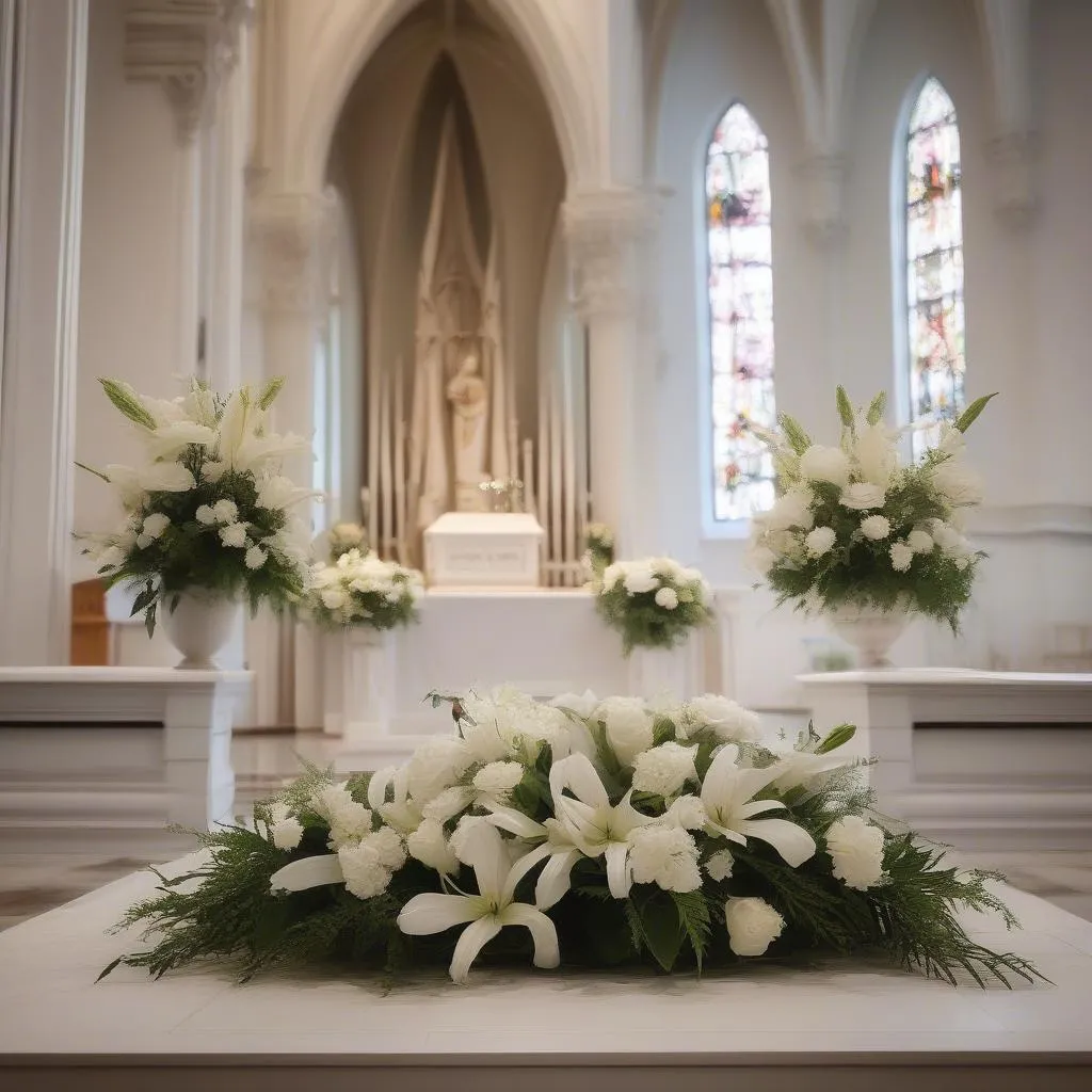 Un arrangement floral blanc sur l'autel d'une église pour un baptême