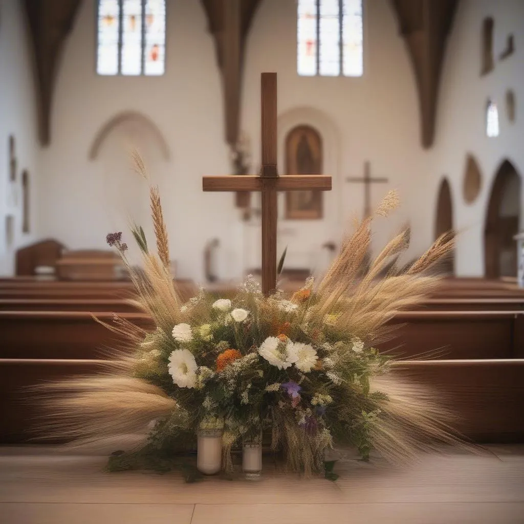 Un arrangement floral rustique sur l'autel d'une église pour une communion