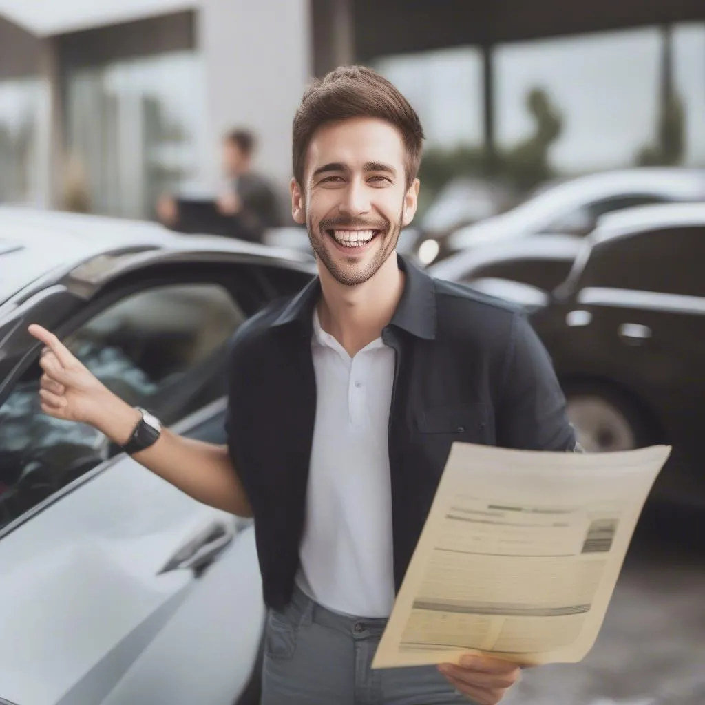 Un homme souriant tenant un devis d'assurance auto