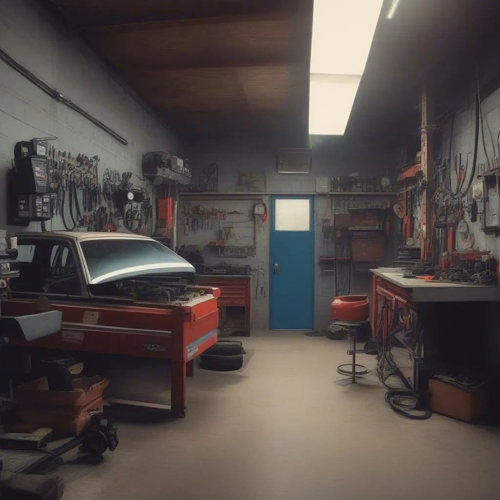 Un garage automobile équipé d'un atelier de réparation avec des outils de diagnostic