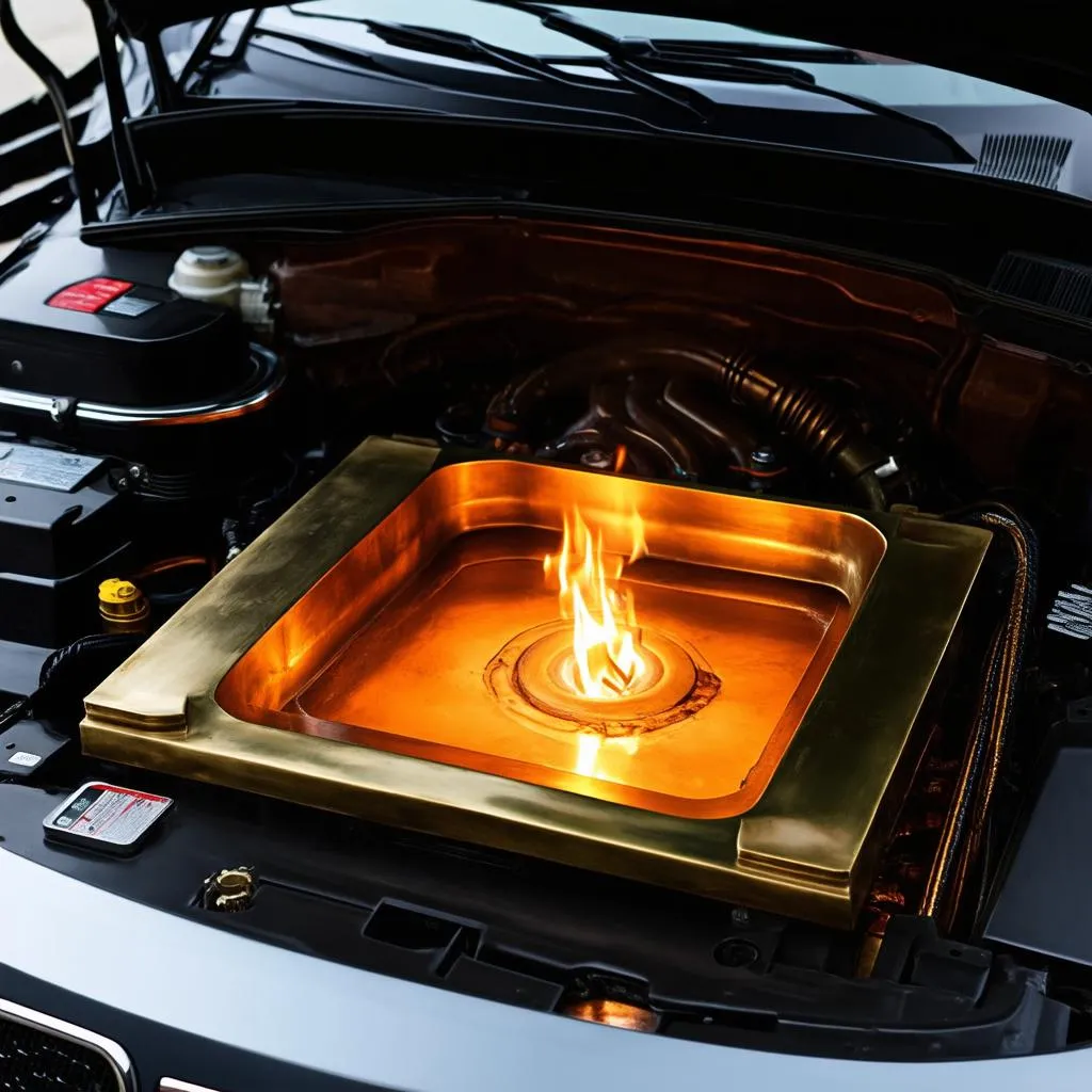 Autel en airain avec une braise ardente à l'intérieur d'un moteur de voiture moderne