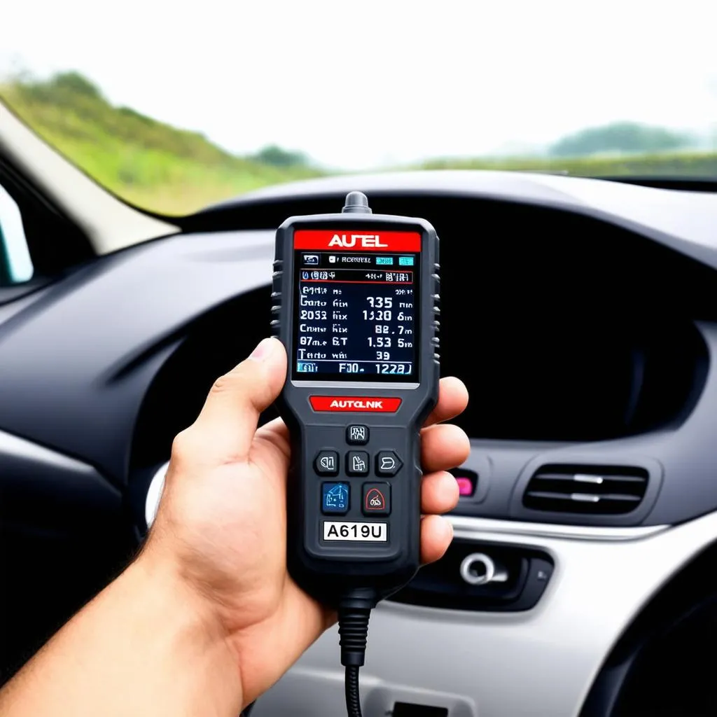 Autel Autolink AL619EU scanner plugged into a car's OBD port